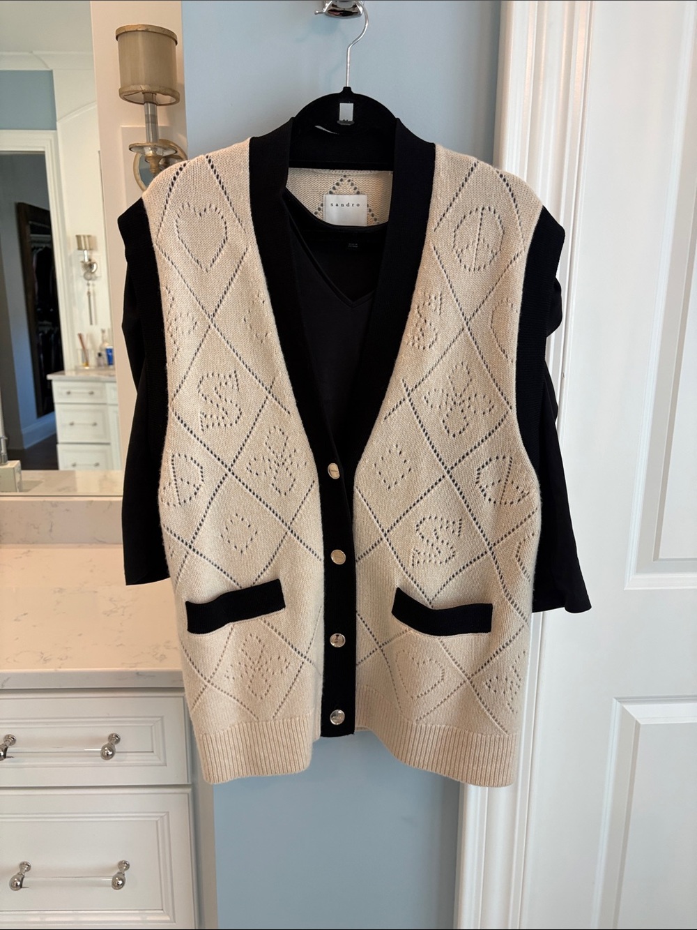 Sandro Cream Knit Vest with Black Trim and Buttons